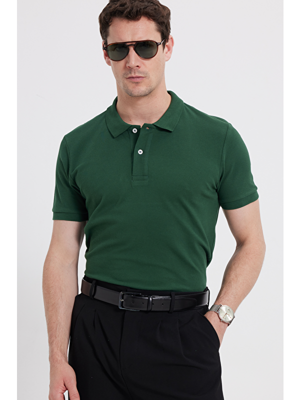 TUDORS Erkek Slim Fit Dar Kesim %100 Pamuk Haki Polo Yaka Tişört