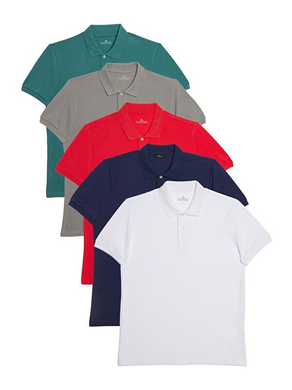 TUDORS Erkek Slim Fit %100 Pamuk Yumuşak Doku 5'Li Lacivert-Beyaz-Kırmızı-Taş-Mavi Düz Polo Yaka Tişört