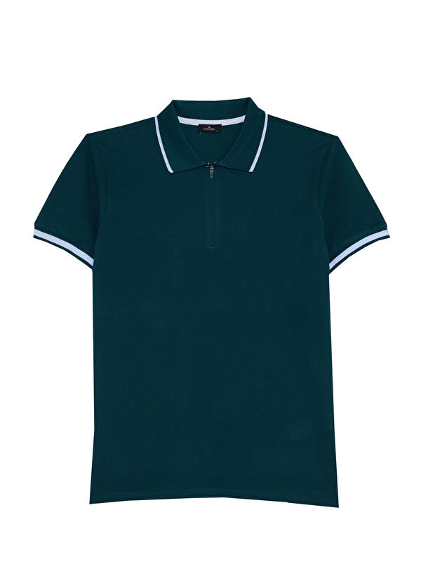 TUDORS Erkek Slim Fit Dar Kesim %100 Pamuk Jakarlı Düz Yaka Ve Kol Detaylı Yeşil Polo Yaka Tişört