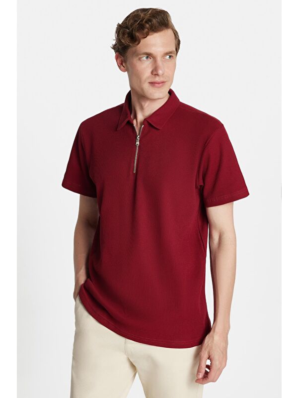 TUDORS Erkek Slim Fit Dar Kesim %100 Pamuk Fermuarlı Bordo Polo Yaka Tişört