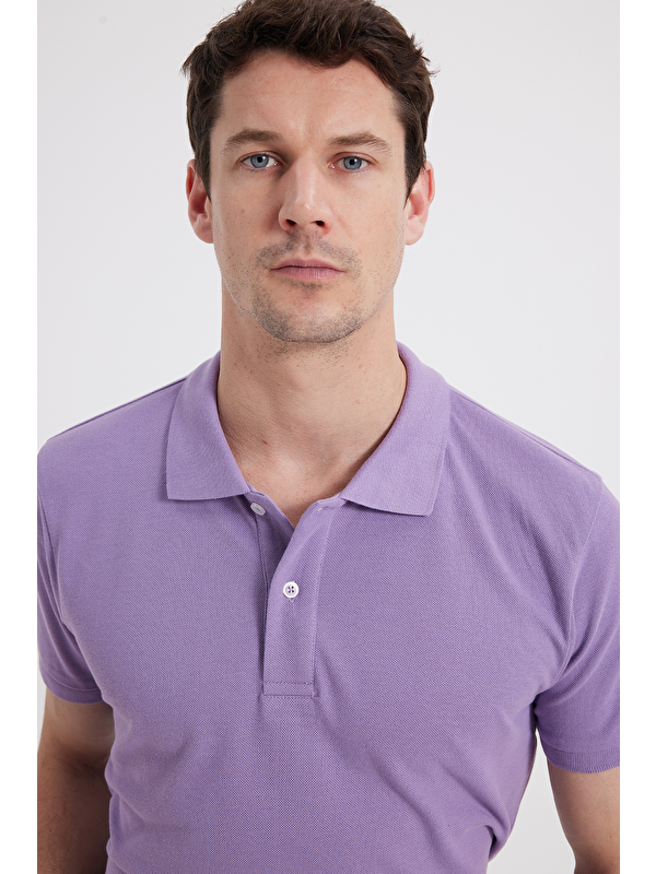TUDORS Erkek Slim Fit Dar Kesim %100 Pamuk Mor Polo Yaka Tişört