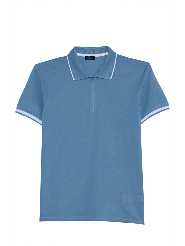 TUDORS Erkek Slim Fit Dar Kesim %100 Pamuk Jakarlı Düz Yaka Ve Kol Detaylı Mavi Polo Yaka Tişört