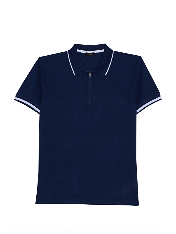 TUDORS Erkek Slim Fit Dar Kesim %100 Pamuk Jakarlı Düz Yaka Ve Kol Detaylı Lacivert Polo Yaka Tişört