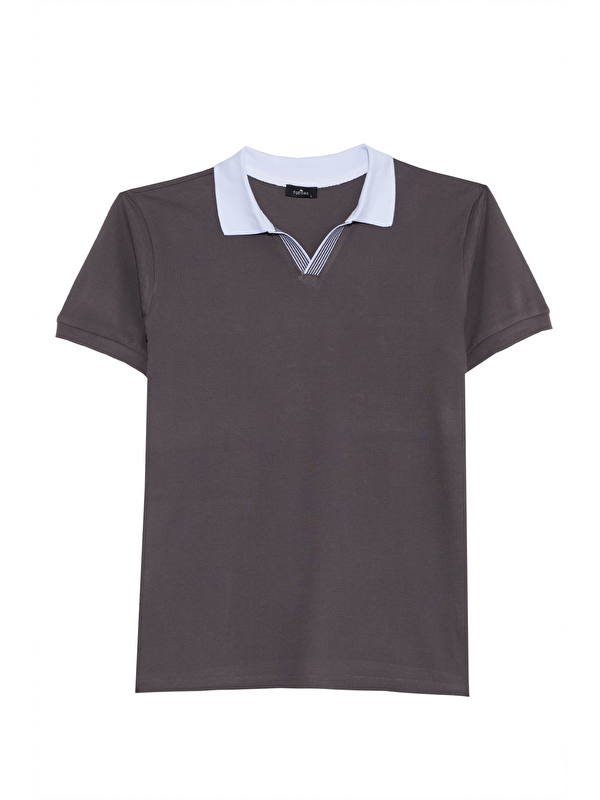 TUDORS Erkek Slim Fit Dar Kesim %100 Pamuk Koyu Gri Polo Yaka Tişört