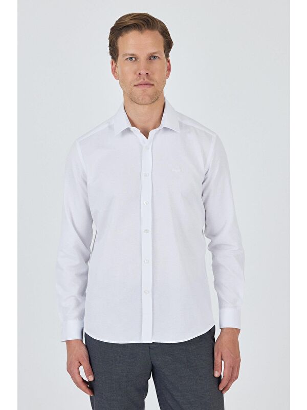 İMZA Uzun Kol Desenli Armürlü Sert Yaka Cepsiz Pamuklu Classic Slim Fit Gömlek 1004250185