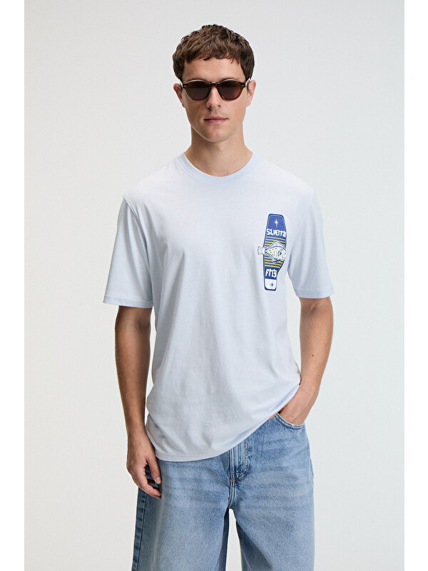 GRIMELANGE SAVOR Erkek Oversize %100 Pamuk Baskılı Yuvarlak Yaka MAVİ T-Shirt