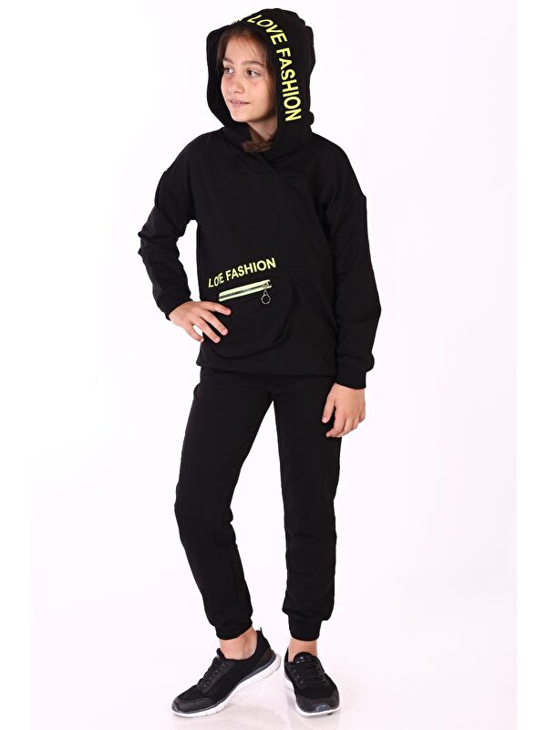 Toontoykids Kız Çocuk 2'li Takım Baskılı Kapüşonlu Torba Cepli Asimetrik Sweatshirt & Beli Paçası Lastikli Cepli