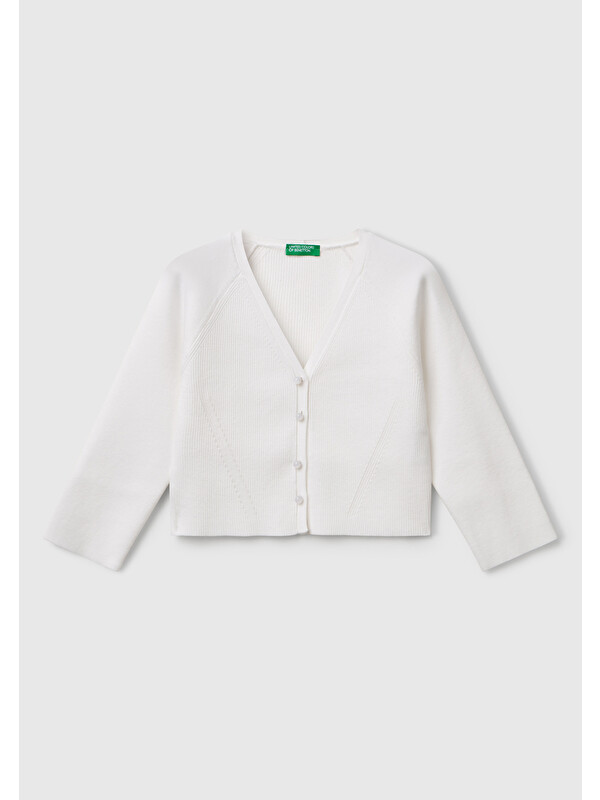 United Colors Of Benetton Kız Çocuk Beyaz Viskoz Karışımlı Nervür Motifli V Yaka Hırka