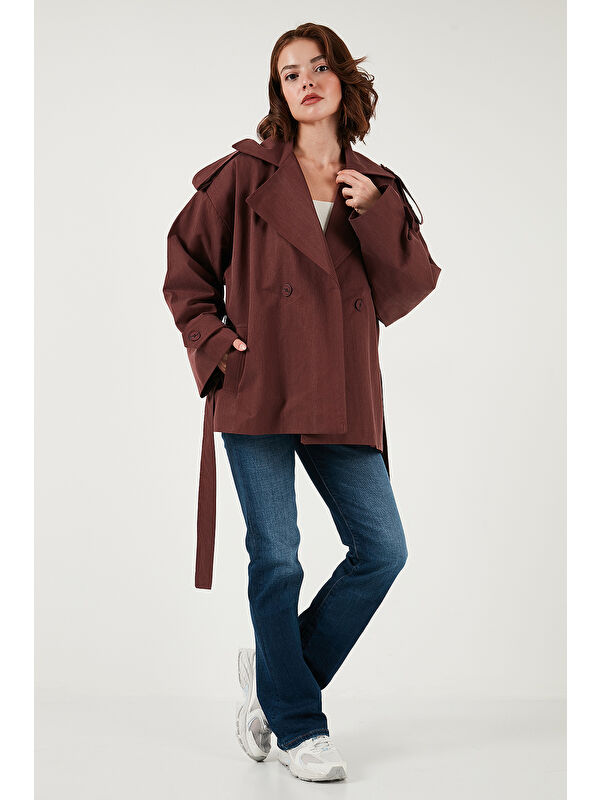 Lela Oversize Fit Kruvaze Yaka Kuşaklı Düğmeli Trençkot 6839609