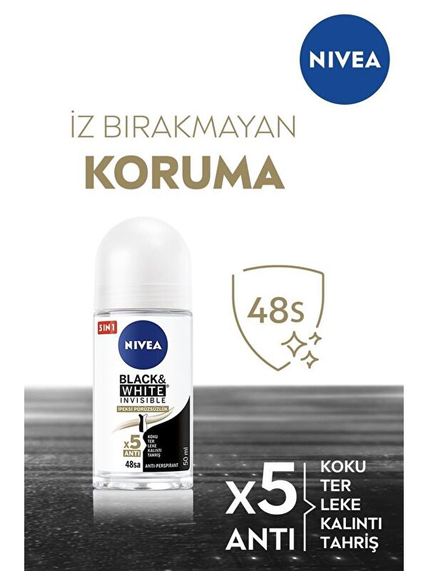 NIVEA Kadın Roll On Deodorant Black&White Ipeksi Pürüzsüzlük 50 ml, 48 Saat Anti-Perspirant Koruma