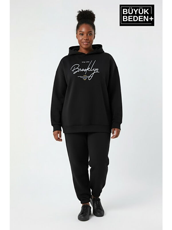 Süperlife Kadın Büyük Beden Kapüşonlu El yazılı Brooklyn Baskılı ince Sweatshirt SPR26BSWK958