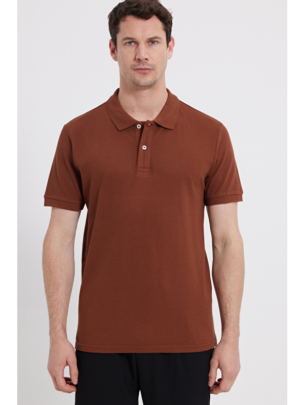TUDORS Erkek Slim Fit Dar Kesim %100 Pamuk Kahverengi Polo Yaka Tişört