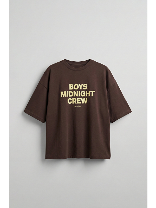 Abluka Online Erkek Boxy Fit Bisiklet Yaka Yazı Baskılı T-Shirt Kahverengi