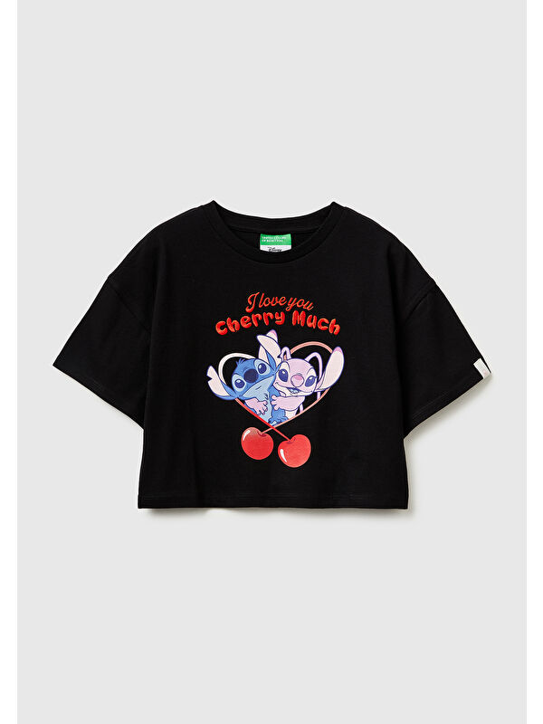 United Colors Of Benetton Kız Çocuk Siyah Su Bazlı Baskılı İşlemeli Kolu Logo Detaylı Boxy Fit T-Shirt