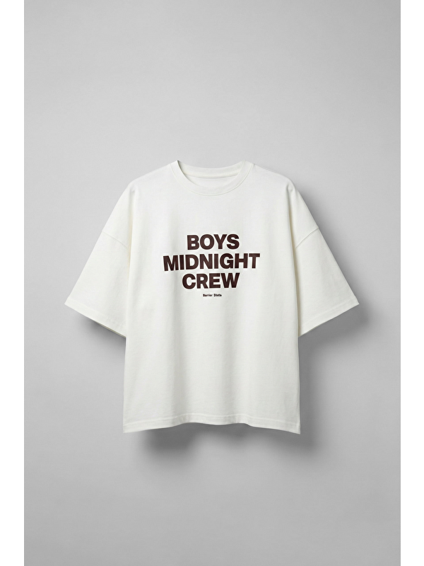 Abluka Online Erkek Boxy Fit Bisiklet Yaka Yazı Baskılı T-Shirt Ekru