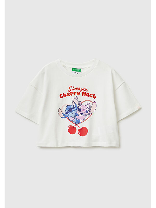 United Colors Of Benetton Kız Çocuk Beyaz Su Bazlı Baskılı İşlemeli Kolu Logo Detaylı Boxy Fit T-Shirt
