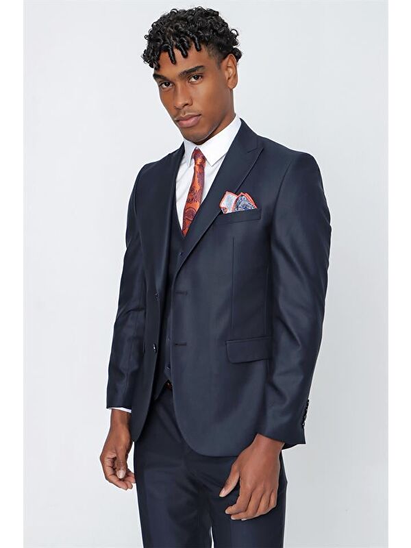 İMZA Koyu Lacivert Gabardin Kırlangıç Yaka Yelekli 6 Drop Slim Fit Takım Elbise 1001225176