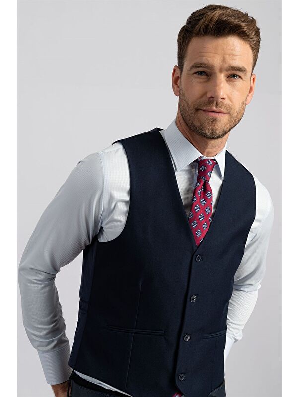 TUDORS Erkek Slim Fit Düz Cepli Lacivert Yelek