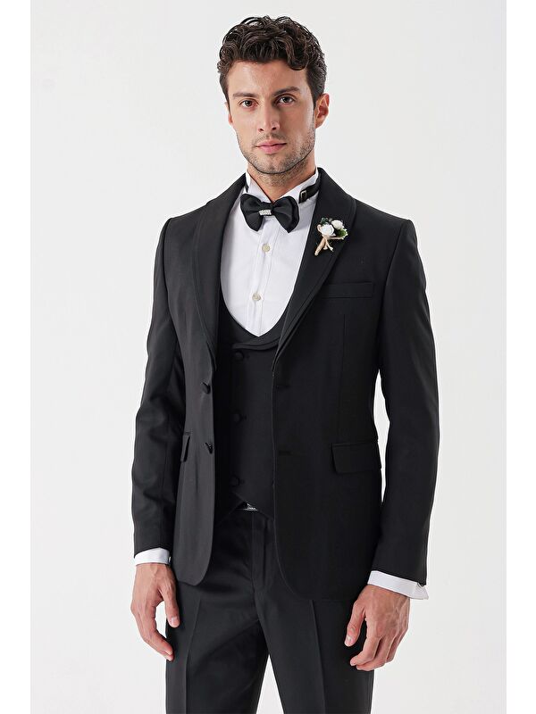 İMZA Siyah Desenli Armürlü Kruvaze 6 Drop Slim Fit Smokin Damatlık Takım 1001230214