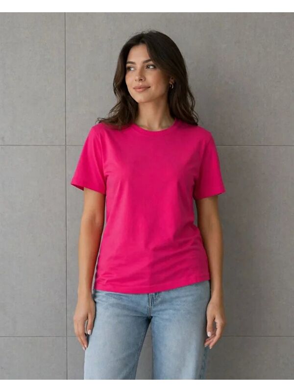Jane's Basic Pamuklu Tişört Bisiklet Yaka Düz Renk Relaxed Fit T-Shirt - Fuşya