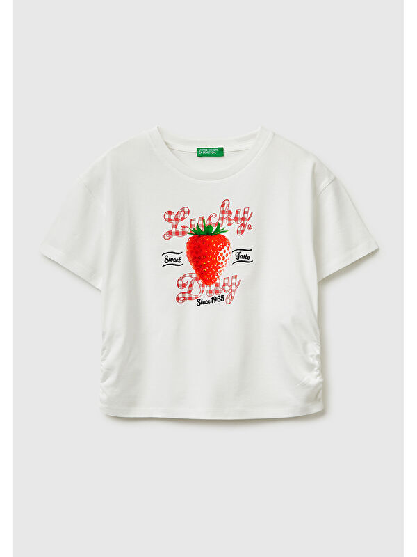 United Colors Of Benetton Kız Çocuk Beyaz Yanları Büzgülü Detaylı Önü Baskılı ve İşlemeli T-Shirt