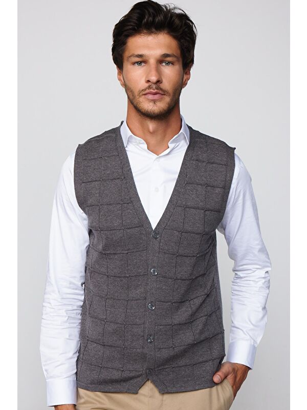 TUDORS Slim Fit Kare Desenli Gri Erkek Yelek