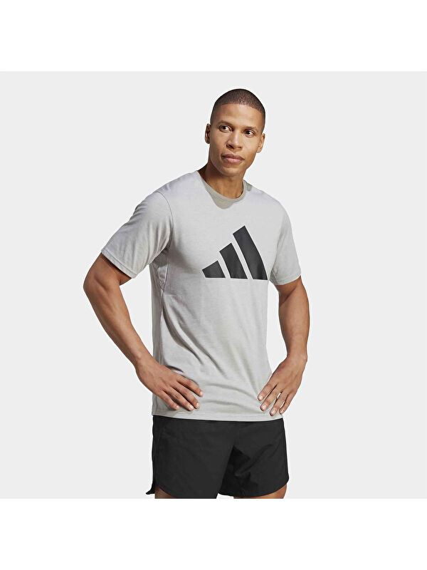 Adidas Train Essentials Feel Ready Logo Erkek Gri Yuvarlak Yaka Spor Tişört