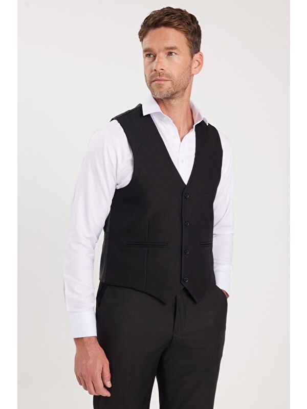 TUDORS Erkek Slim Fit Düz Cepli Siyah Yelek