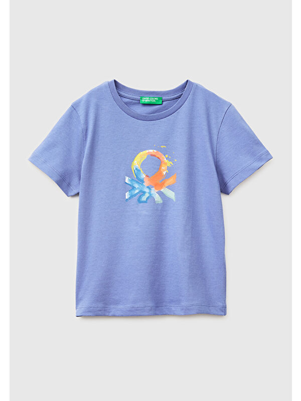 United Colors Of Benetton Erkek Çocuk Havacı Mavi Önü Logo Baskılı Yuvarlak Yaka T-Shirt