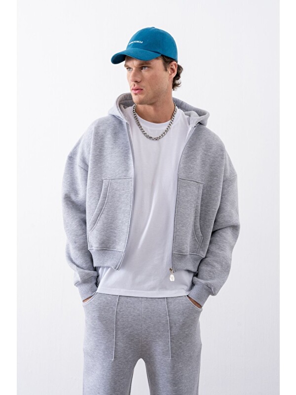 gothamVibes Boxy Oversize   Chill Gri Erkek Fermuarlı Sweatshirt Hırka