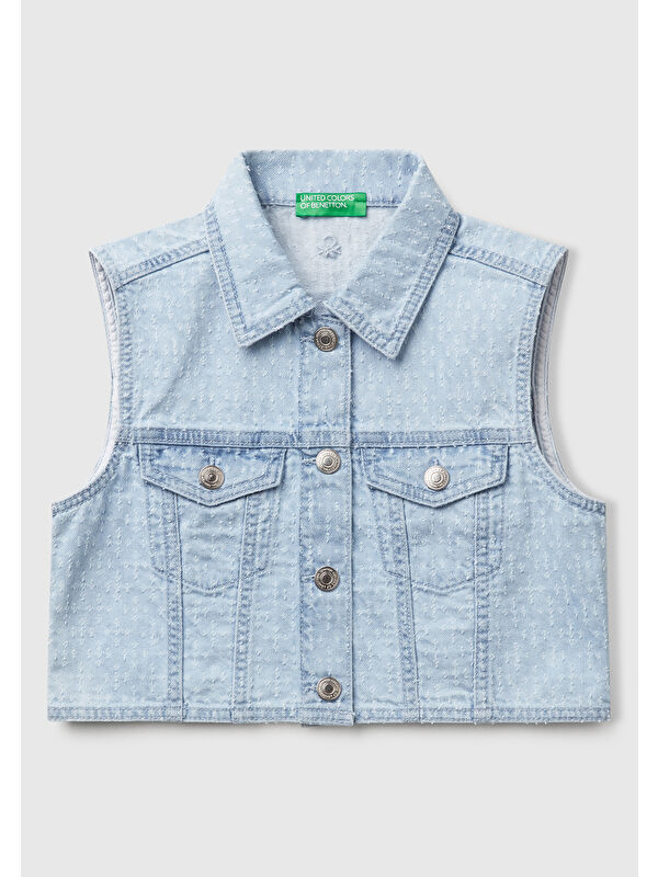 United Colors Of Benetton Kız Çocuk Düğmeli Önü Cepli Denim Yelek
