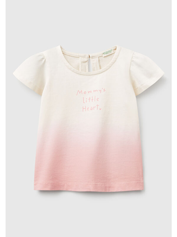 United Colors Of Benetton Bebek Pembe Renk Geçişli Önü Baskılı Kolu Fırfırlı Bisiklet Yaka T-Shirt