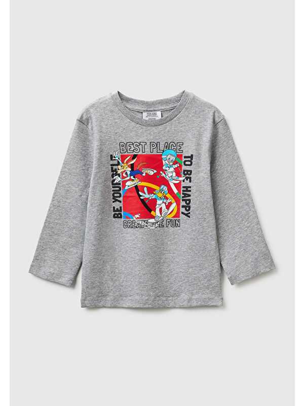United Colors Of Benetton Erkek Çocuk Gri melanj Önü ve Arkası Baskı Detaylı Bisiklet Yaka Uzun Kollu T-Shirt