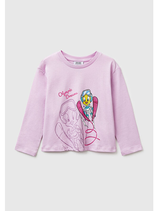 United Colors Of Benetton Kız Çocuk Pembe Looney Tunes Baskılı Yuvarlak Yaka Uzun Kollu T-Shirt
