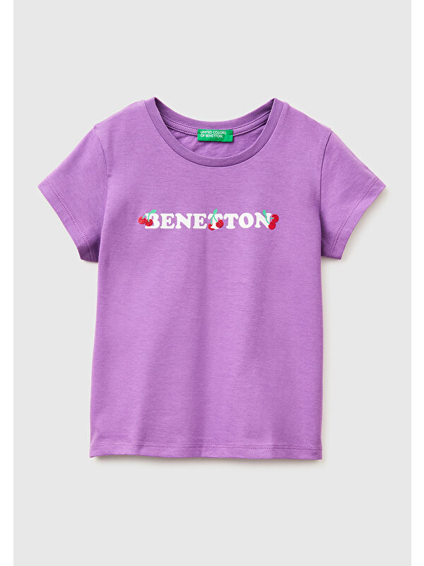 United Colors Of Benetton Kız Çocuk Mor Simli Grafik Baskılı Kısa Kollu Ribanalı Yaka T-Shirt