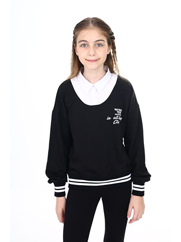 Toontoykids Kız Çocuk Relax Fit Polo Yaka Düşük Omuz Baskılı Okul Sweatshirt - Garnili & 2 İplik