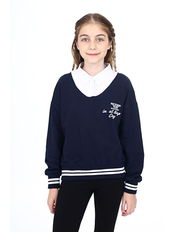 Toontoykids Kız Çocuk Relax Fit Polo Yaka Düşük Omuz Baskılı Okul Sweatshirt - Garnili & 2 İplik