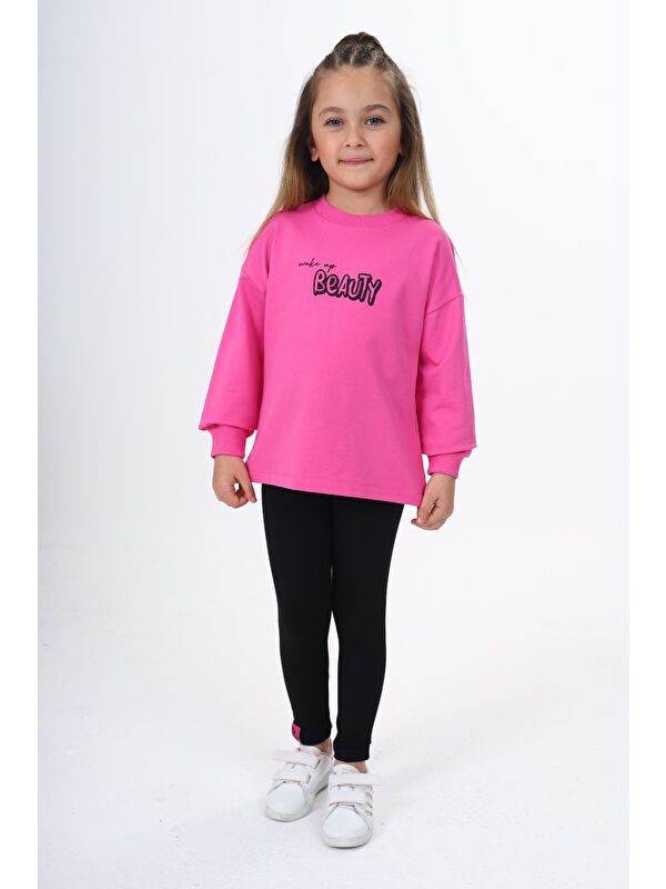 Toontoykids Kız Çocuk 2'li Takım Baskılı Bisiklet Yaka Sweatshirt & Basic Düz Tayt