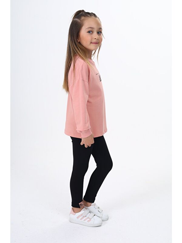 Toontoykids Kız Çocuk 2'li Takım Baskılı Bisiklet Yaka Sweatshirt & Basic Düz Tayt