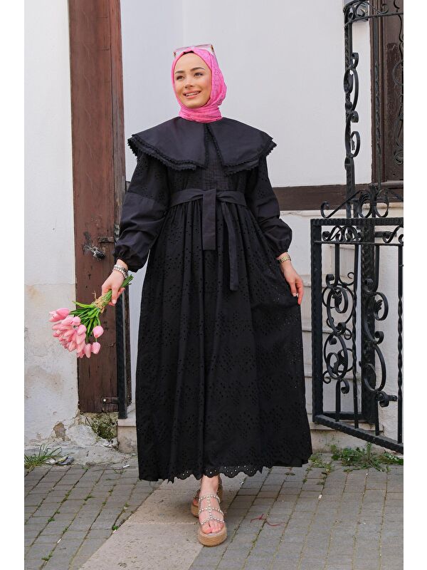 Locco Moda Bebe Yaka Dantel Detay Elbise  Siyah