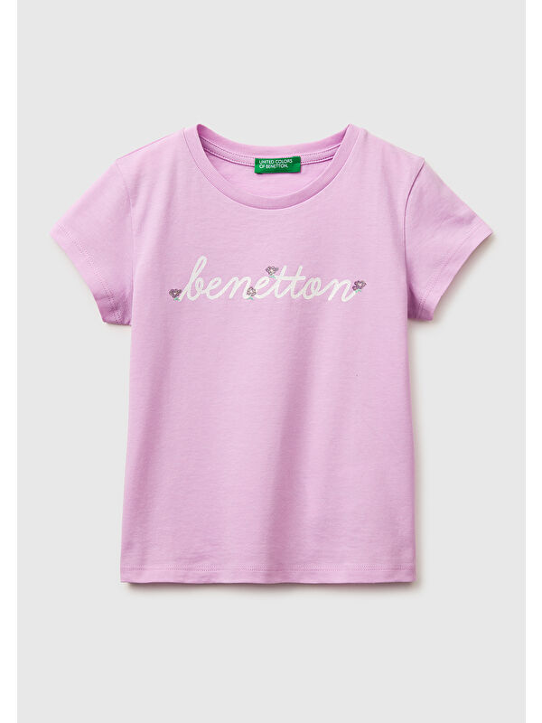 United Colors Of Benetton Kız Çocuk Pembe Simli Grafik Baskılı Kısa Kollu Ribanalı Yaka T-Shirt