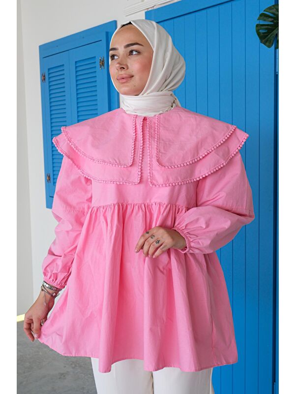 Locco Moda Çift Yaka Gupurlu Gömlek Pembe