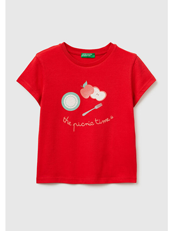 United Colors Of Benetton Kız Çocuk Kırmızı Simli Su Bazlı Baskılı Bisiklet Yaka T-Shirt