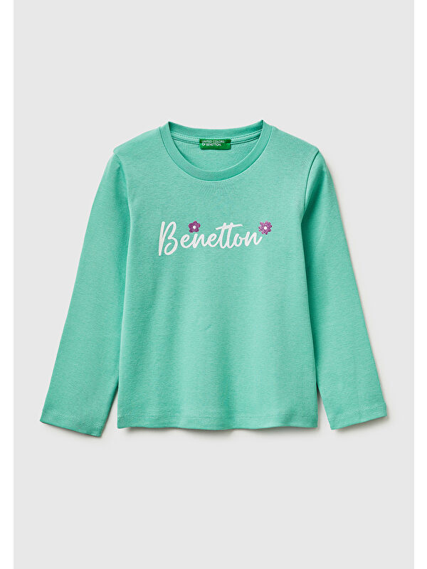 United Colors Of Benetton Kız Çocuk Mint Simli Renkli Grafik Baskılı Yuvarlak Yaka Uzun Kollu T-Shirt