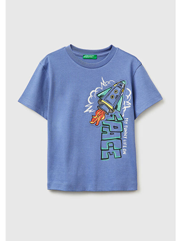 United Colors Of Benetton Erkek Çocuk Havacı Mavi Baskılı Logo Etiketli Bisiklet Yaka Kısa Kollu T-Shirt