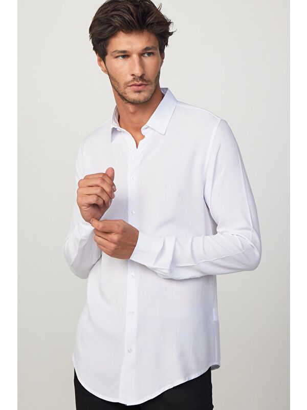 TUDORS Slim Fit Dar Kesim Uzun Kol Dökümlü Viskon Şık Erkek Beyaz Gömlek