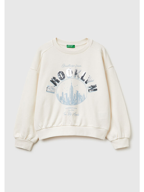 United Colors Of Benetton Kız Çocuk Ekru Simli Grafik Baskılı Yuvarlak Yaka Ribanalı Sweatshirt