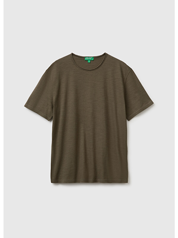 United Colors Of Benetton Erkek Koyu Haki  %100 Pamuk Regular Fit Bisiklet Yaka T-Shirt