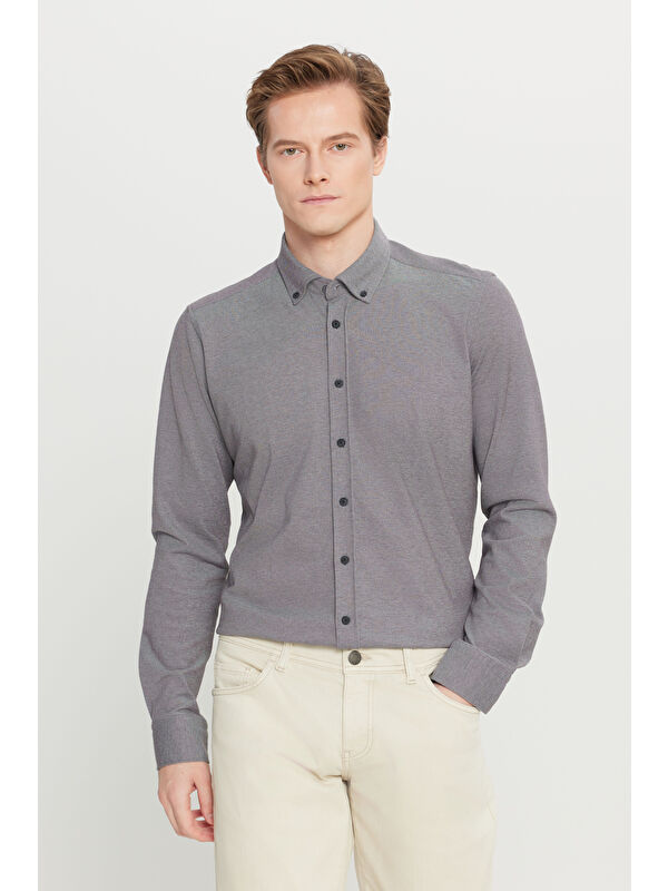 Altınyıldız Classics Erkek Gri Pamuklu Slim Fit Dar Kesim Düğmeli Yaka Örme Gömlek