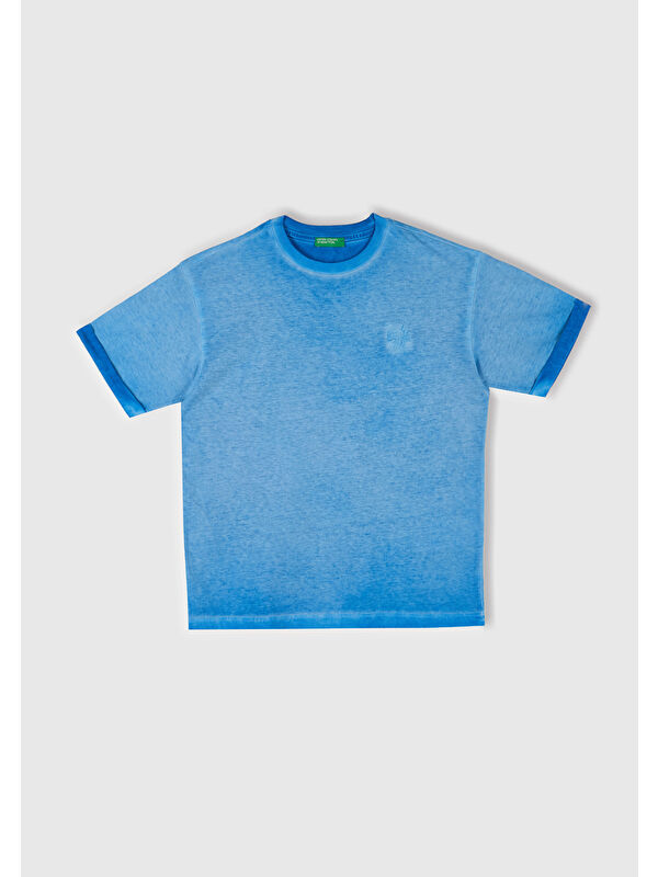 United Colors Of Benetton Erkek Çocuk Saks Mavi Soluk Efektli Logo İşlemeli Oversize T-Shirt